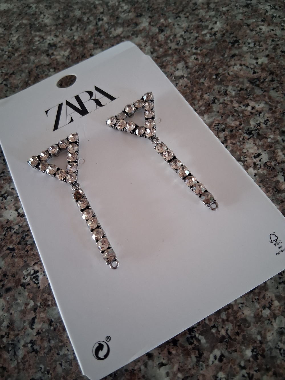 ZARA Silver Crystal Triangle Drop Earrings Clear/Silver Missing 1 Rhinestone Top